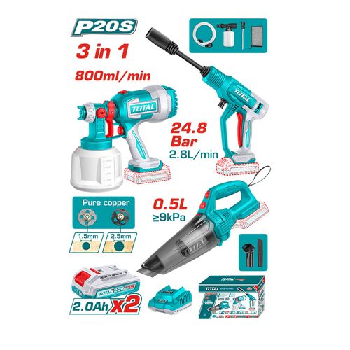 Kit 3 en 1 Total 20V Hidrolavadora + Pistola Pintura + Aspirador 2 Baterias P20S -TOTAL