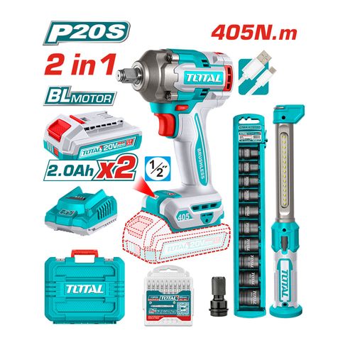 Kit Llave de Impacto 405Nm Total 20V + Lampara + Dados y Puntas P20S -TOTAL