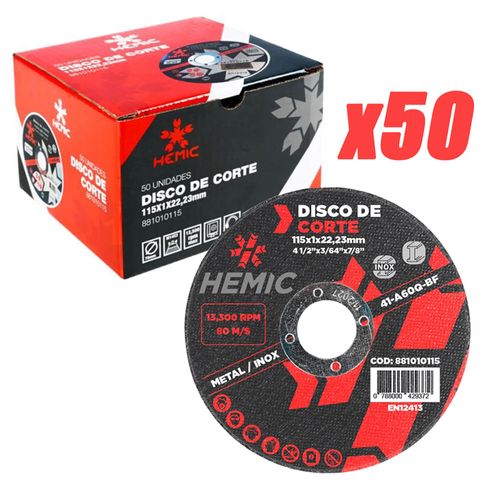 DISCO CORTE 4 1/2" METAL / INOX 115 X 1.0 X 22.23MM A60Q BF (CAJA 50UN) - 881010115-50 (HEMIC)